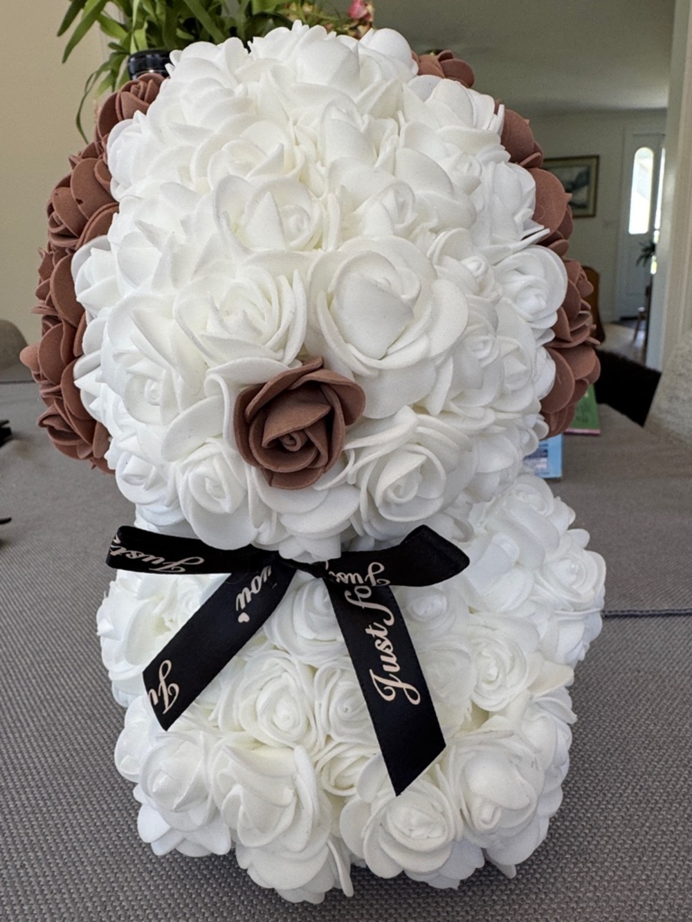 Furever puppy White and Brown Foam Rose  with Black Ribbon